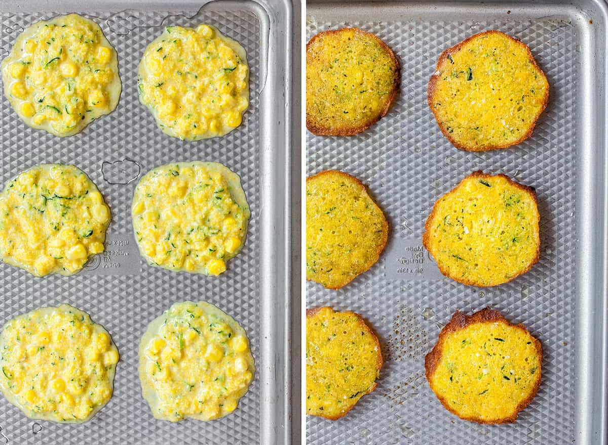 two photos showing how to make zucchini fritters