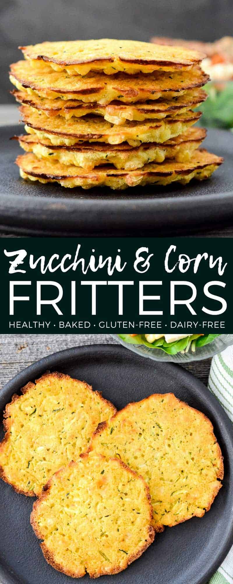 Easy, healthy Baked Zucchini Corn Fritters! Loaded with vegetables these delicious fritters are gluten-free, dairy-free & vegan! They are baked & not fried but still taste amazing! #zucchini #corn #fritters #healthy #glutenfree #dairyfree #baked #recipe #vegan