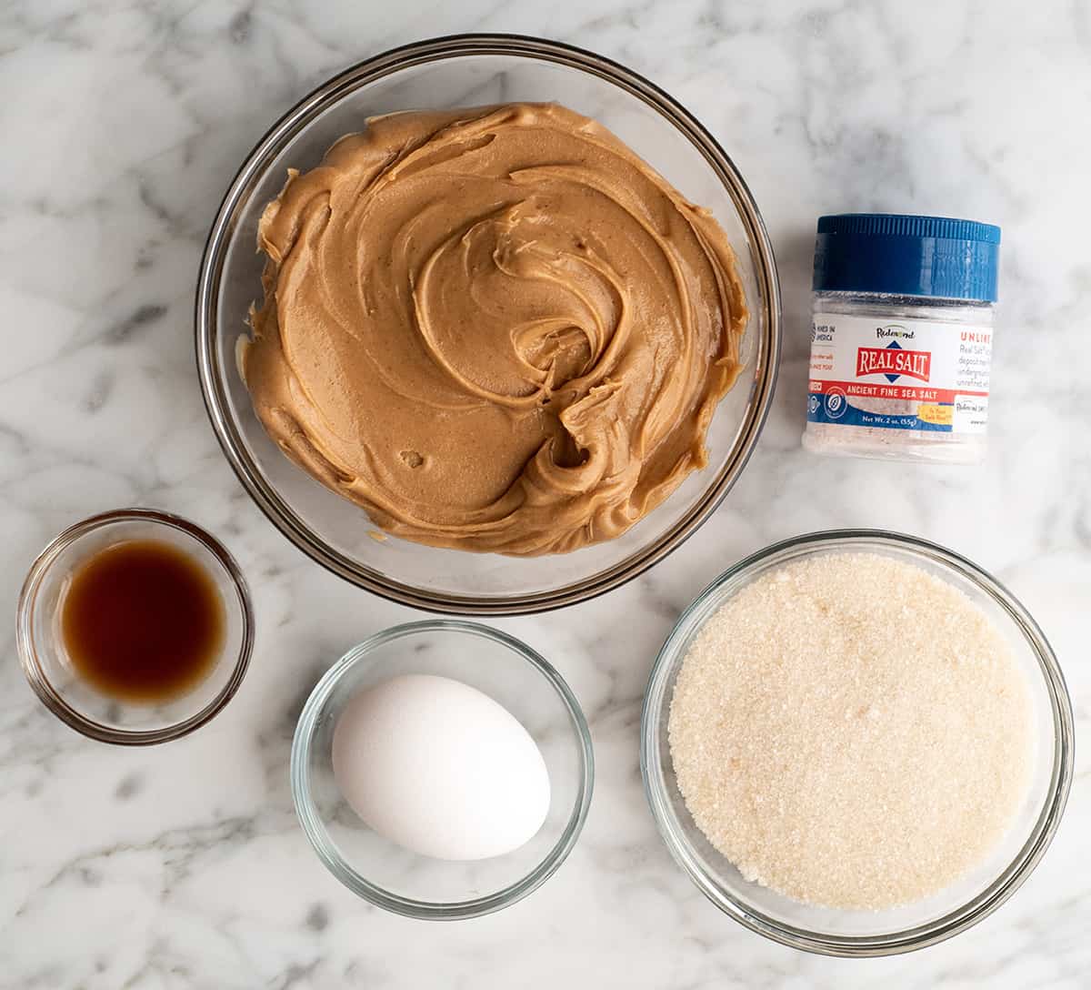 overhead view of the ingredients in this flourless peanut butter cookie recipe