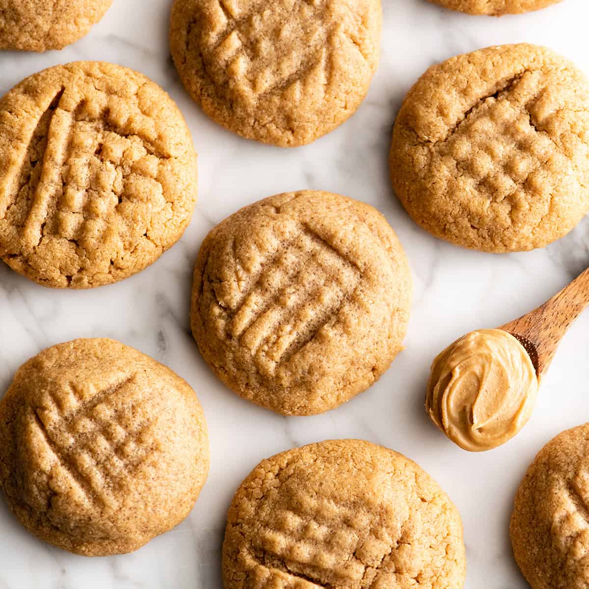 overhead view of 6 flourless peanut butter cookies
