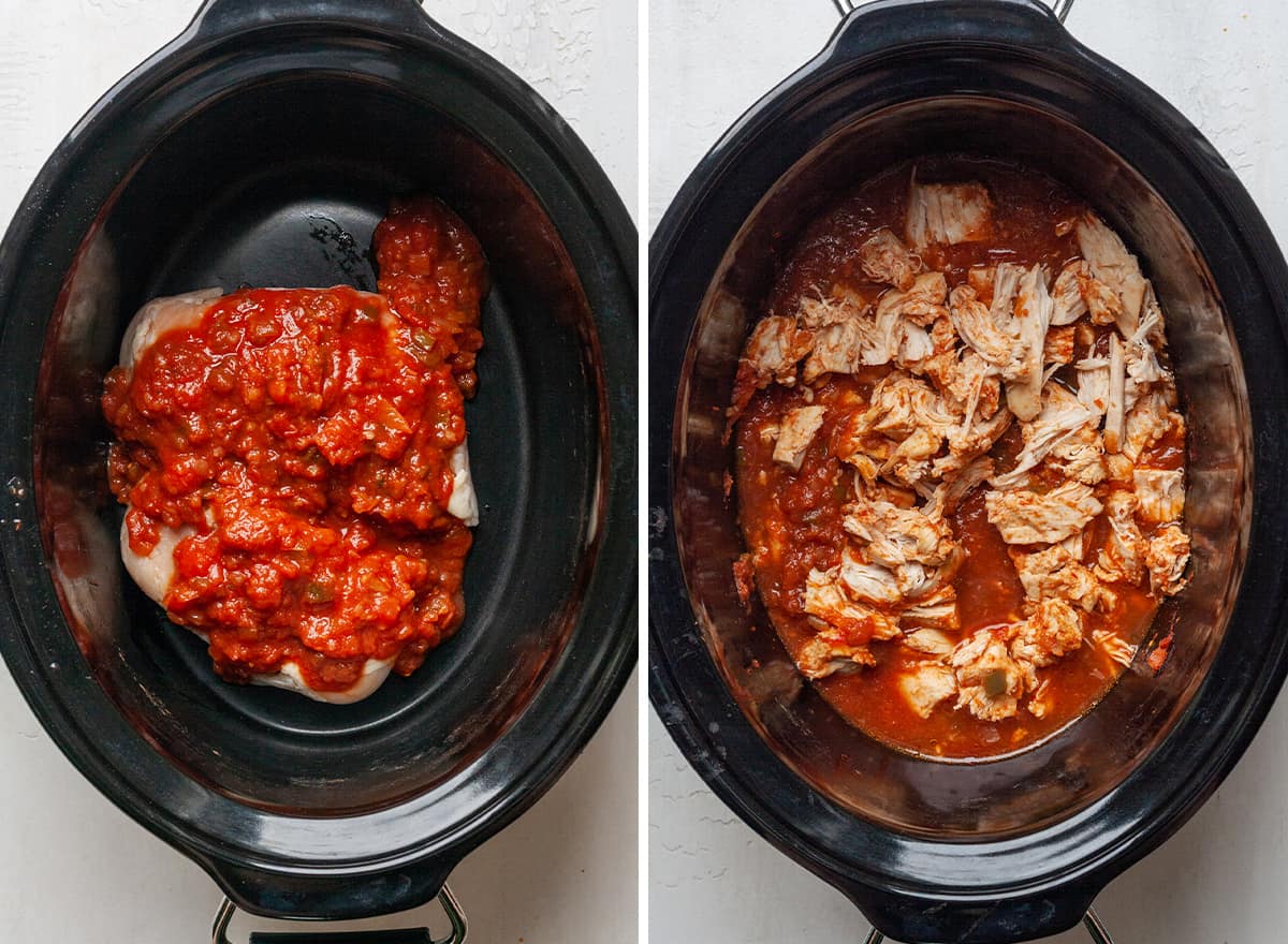 two photos showing how to make chicken chili - cooking and shredding the chicken