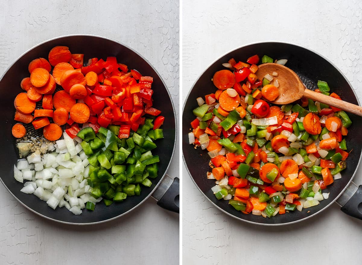 two photos showing how to make chicken chili cooking the vegetables