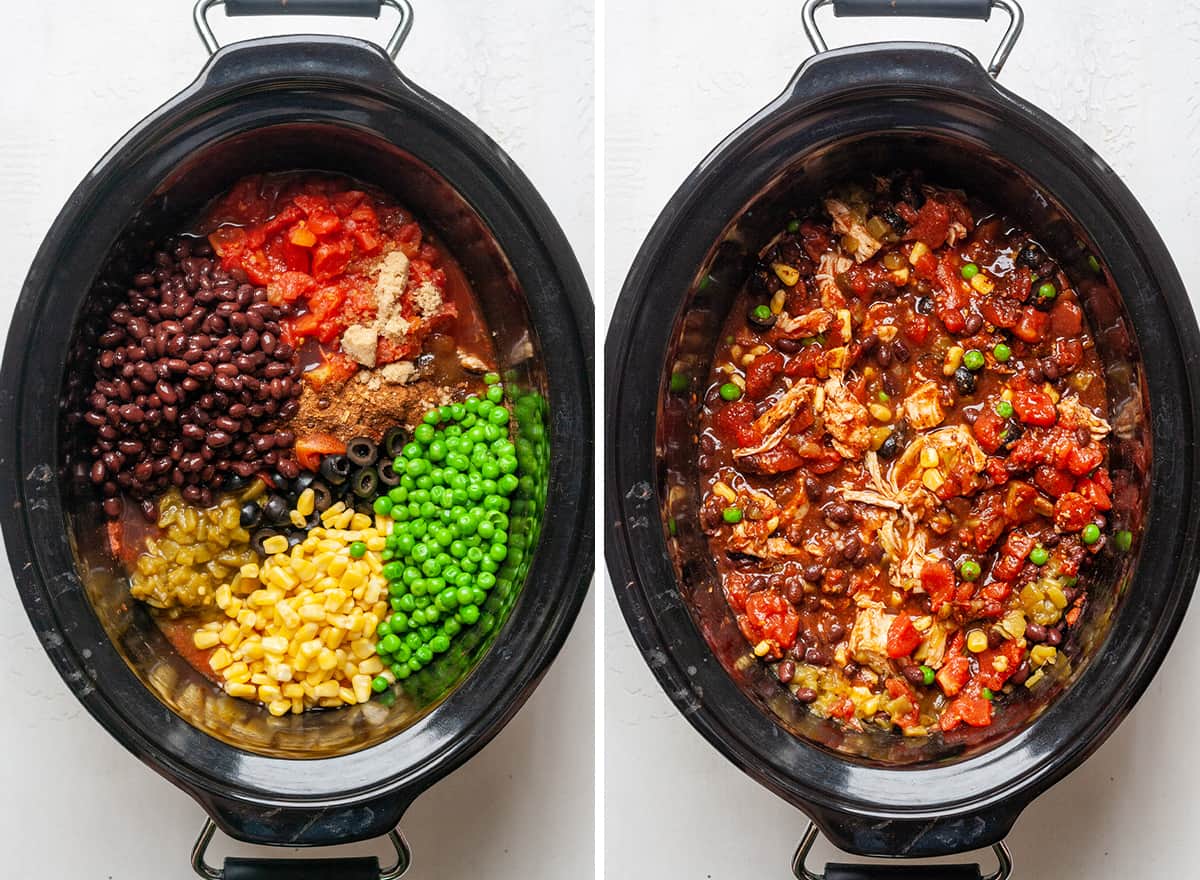 two photos showing how to make chicken chili adding the rest of the ingredients to the crockpot and cook