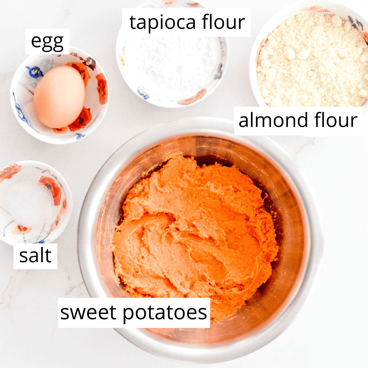 overhead photo of the labeled ingredients in this Paleo Sweet Potato Gnocchi recipe