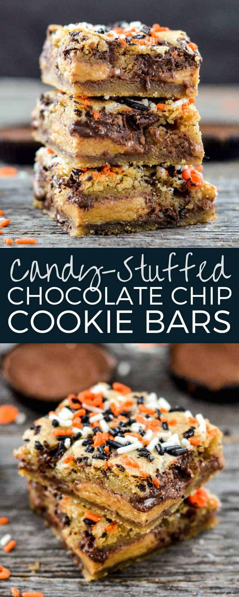 Candy Cookie Bars! Two layers of gooey chocolate chip cookie dough stuffed with the candy of your choice! The perfect dessert recipe to use up that Halloween Candy or adapt them for any holiday! #cookiebars #candycookiebars #chocolatechipcookiebars #cookies #chocolatechipcookies #dessert #recipe