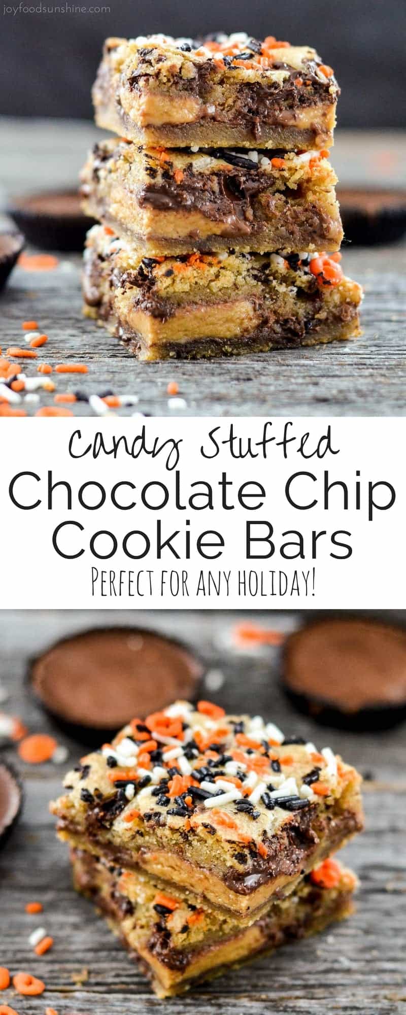 Candy Stuffed Chocolate Chip Cookie Bars! Two layers of gooey chocolate chip cookie dough stuffed with the candy of your choice! The perfect dessert recipe to use up that Halloween Candy or adapt them for any holiday!