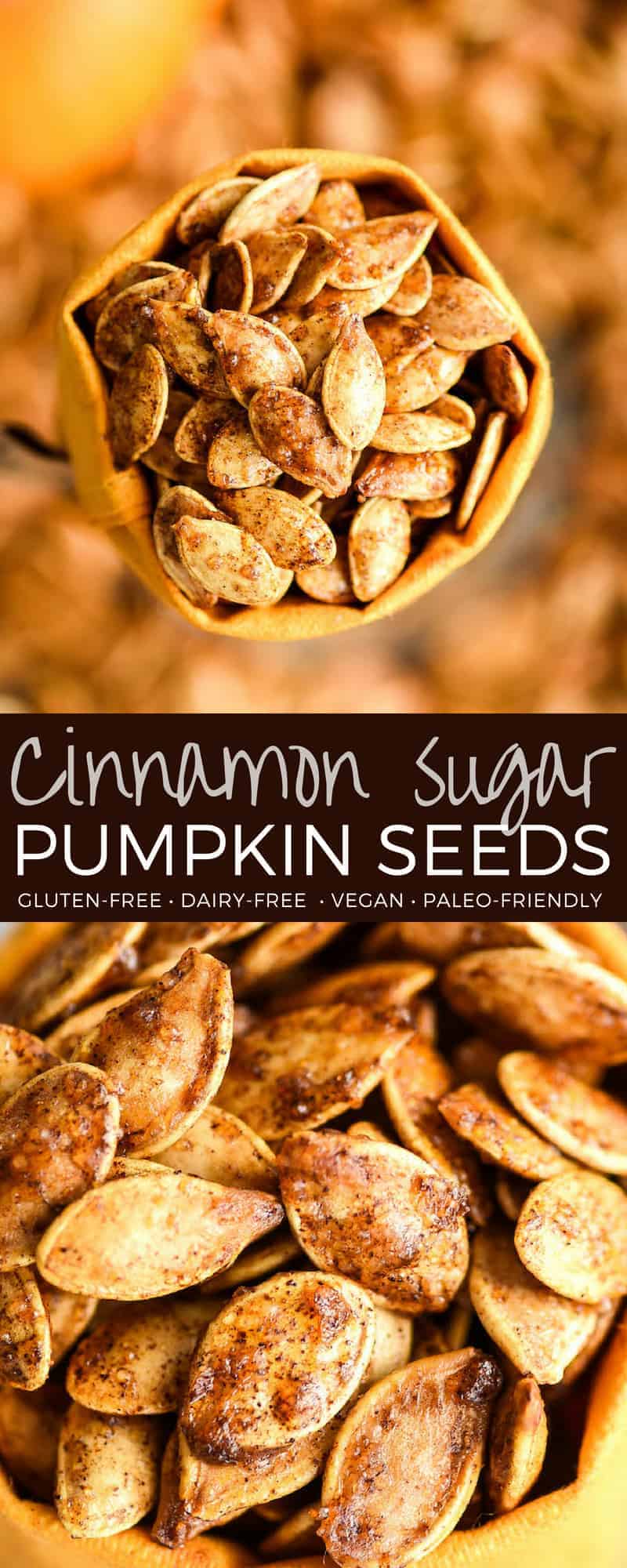 Homemade Cinnamon Sugar Pumpkin Seeds Recipe! Don't throw away the seeds when you carve pumpkins this year! Save them and make this recipe for the perfect sweet and salty fall snack! Vegan, gluten-free and dairy-free! and paleo-friendly! #pumpkin #pumpkinseeds #homemade #healthy #recipe #glutenfree #dairyfree #vegan #cinnamonsugar #paleo