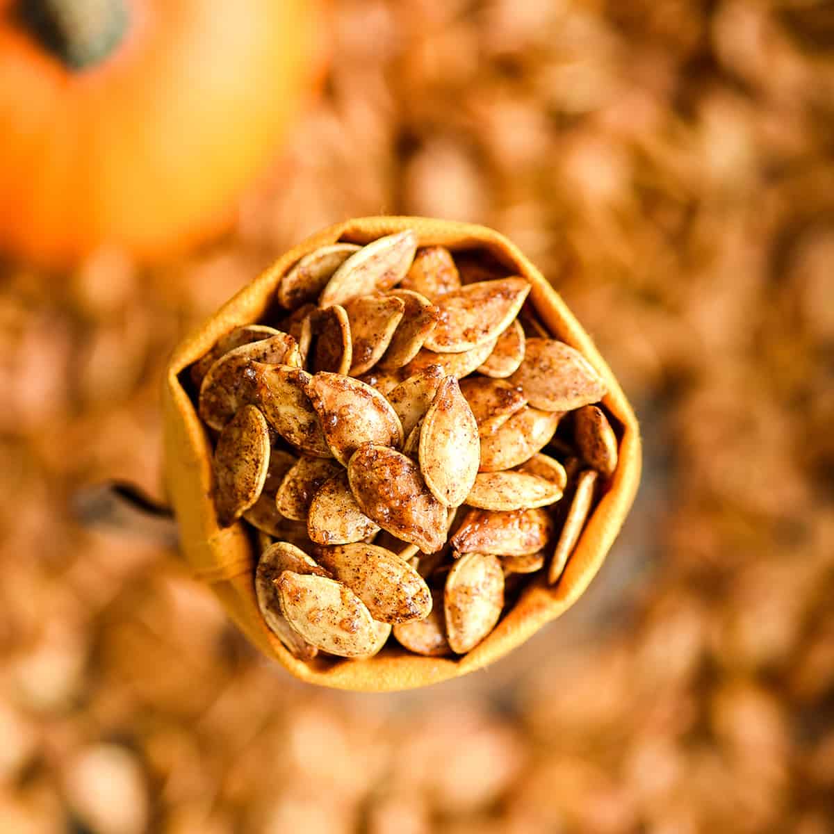 Overhead view of Cinnamon Sugar Pumpkin Seeds in a small bag with more roasted pumpkin seeds in the background