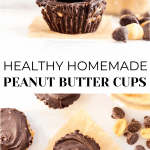 The top image has a sideview of 2 stacked peanut butter cups with a mason jar to the right back of the photo. The bottom photo has 4 peanut butter cups with chocolate chips next to it.