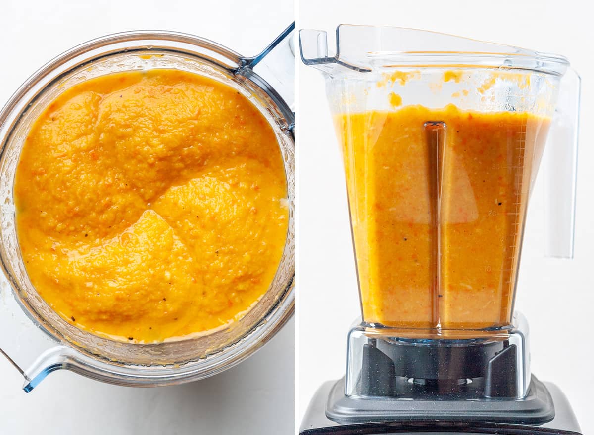 two photos showing how to make Roasted Vegetable Soup in the blender 