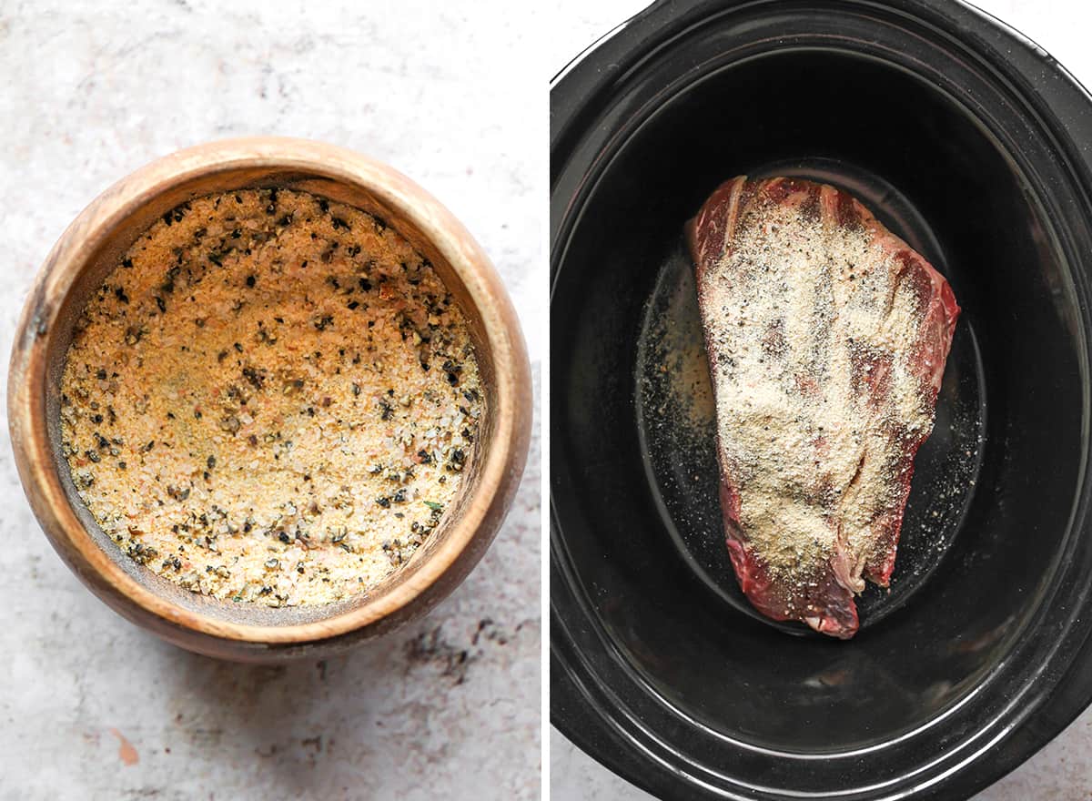two photos showing how to make slow cooker pot roast