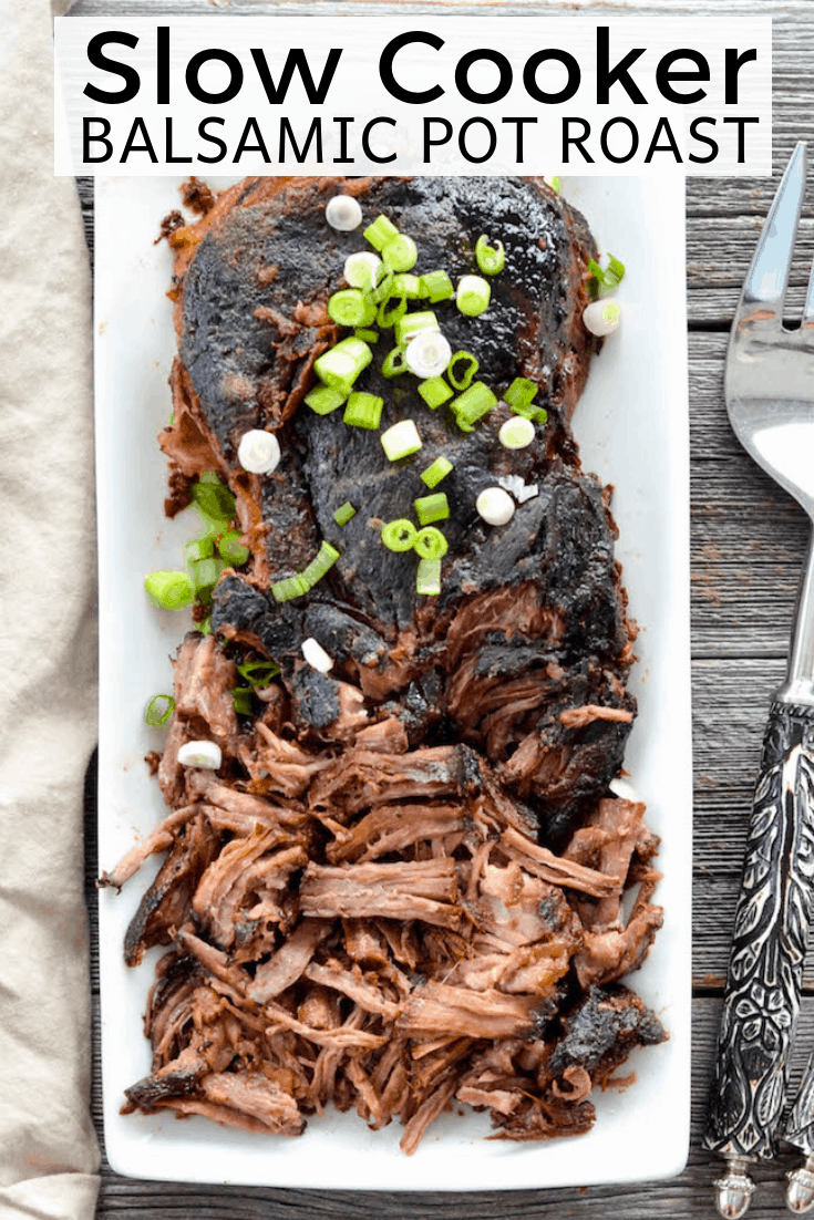 Balsamic Slow Cooker Pot Roast! Easy, healthy make-ahead main dish recipe that takes 5 minutes of prep time! Paleo, gluten-free & dairy-free! #paleo #glutenfree #dairyfree #potroast #healthyrecipe #slowcooker