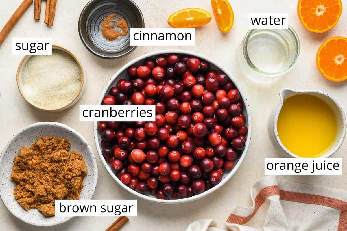 overhead view of the labeled ingredients in this best cranberry sauce recipe