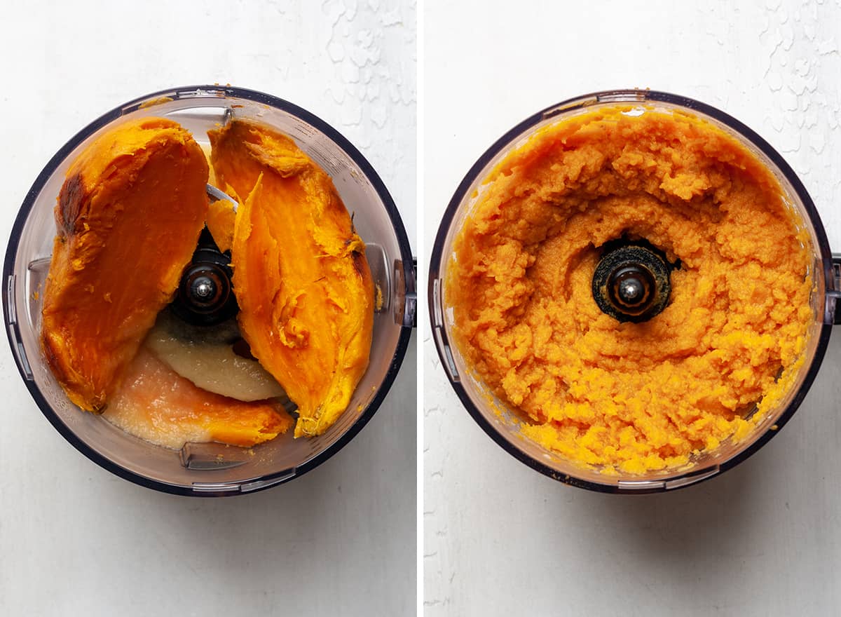 two photos showing how to make healthy sweet potato casserole in a food processor