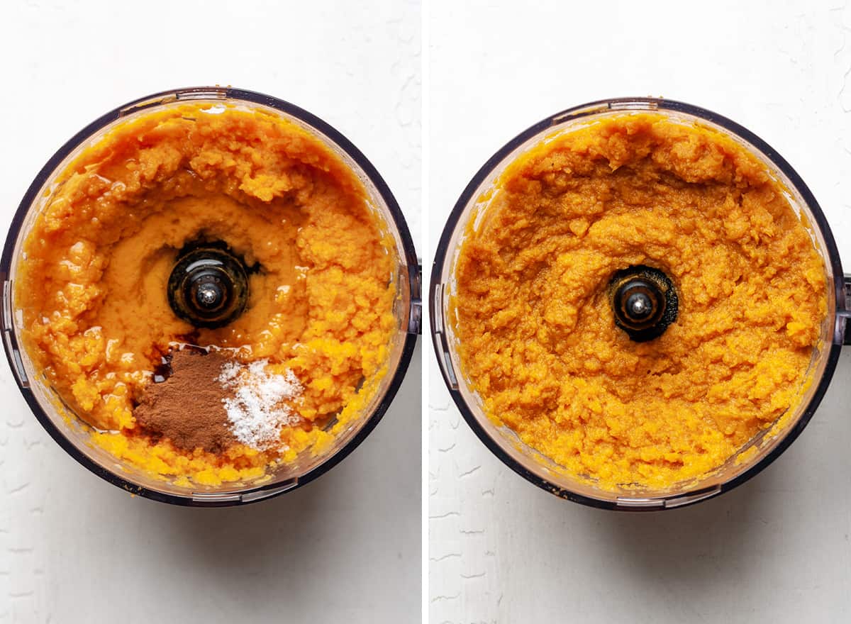 two photos showing how to make healthy sweet potato casserole in a food processor