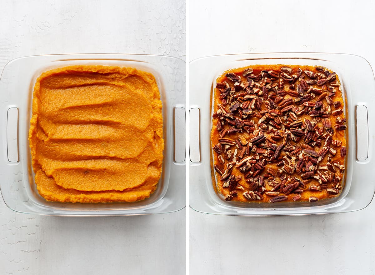 two photos showing how to make healthy sweet potato casserole in a baking dish