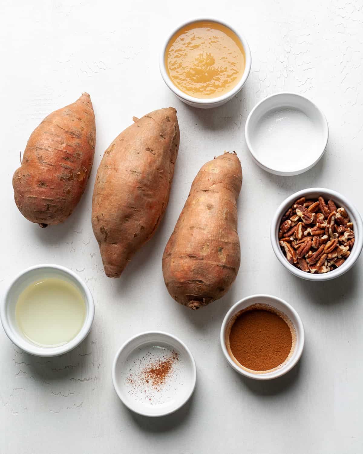overhead photo of the ingredients in this Healthy Sweet Potato Casserole recipe