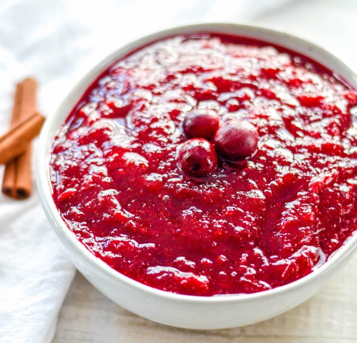 front view of a bowl of Homemade Cranberry Sauce with Orange Juice