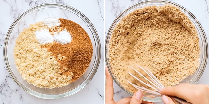 two overhead photos showing how to make almond butter cookies 