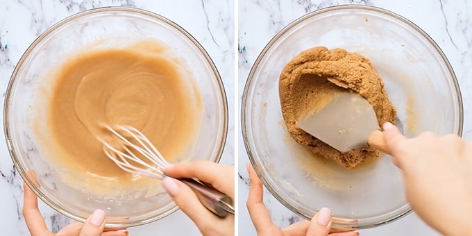 two overhead photos showing how to make almond butter cookie dough