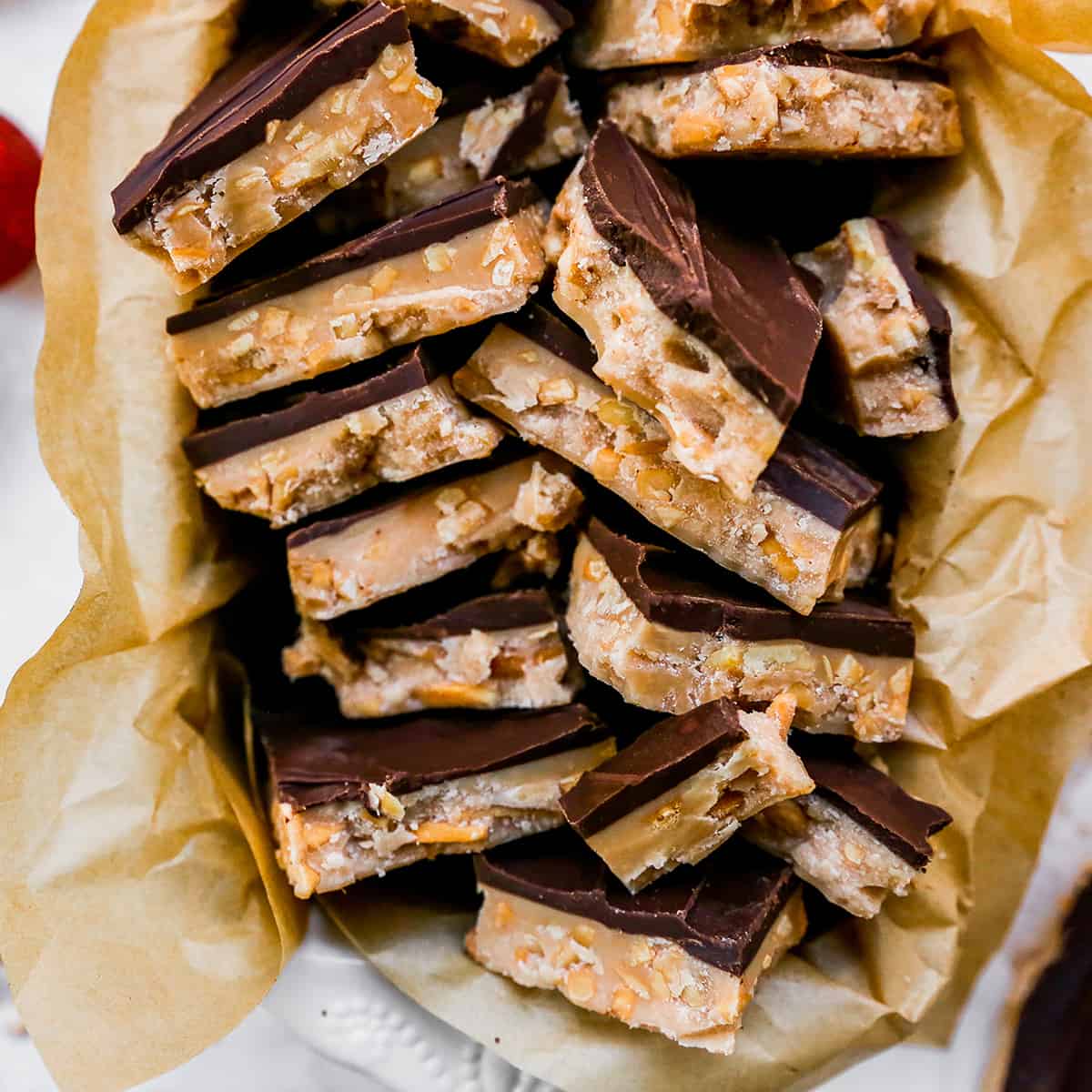 overhead view of a plate full of almond toffee
