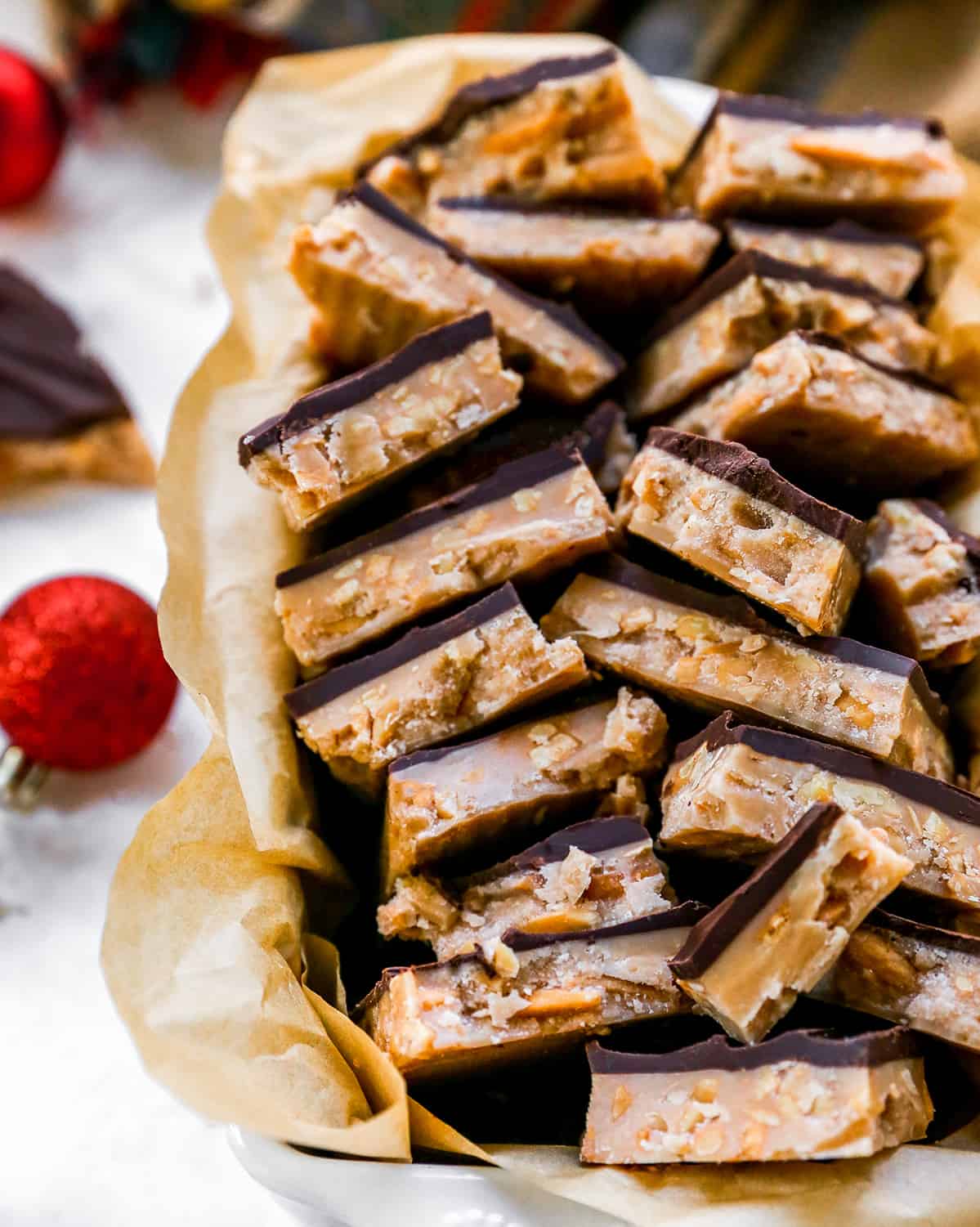 overhead view of a plate of almond toffee