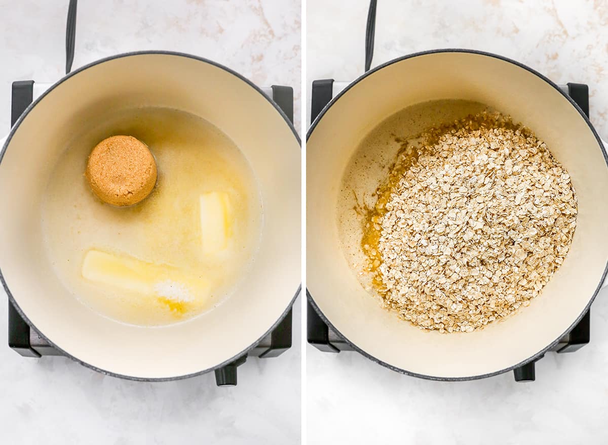 two overhead photos showing how to make Peanut Butter Oatmeal Bars