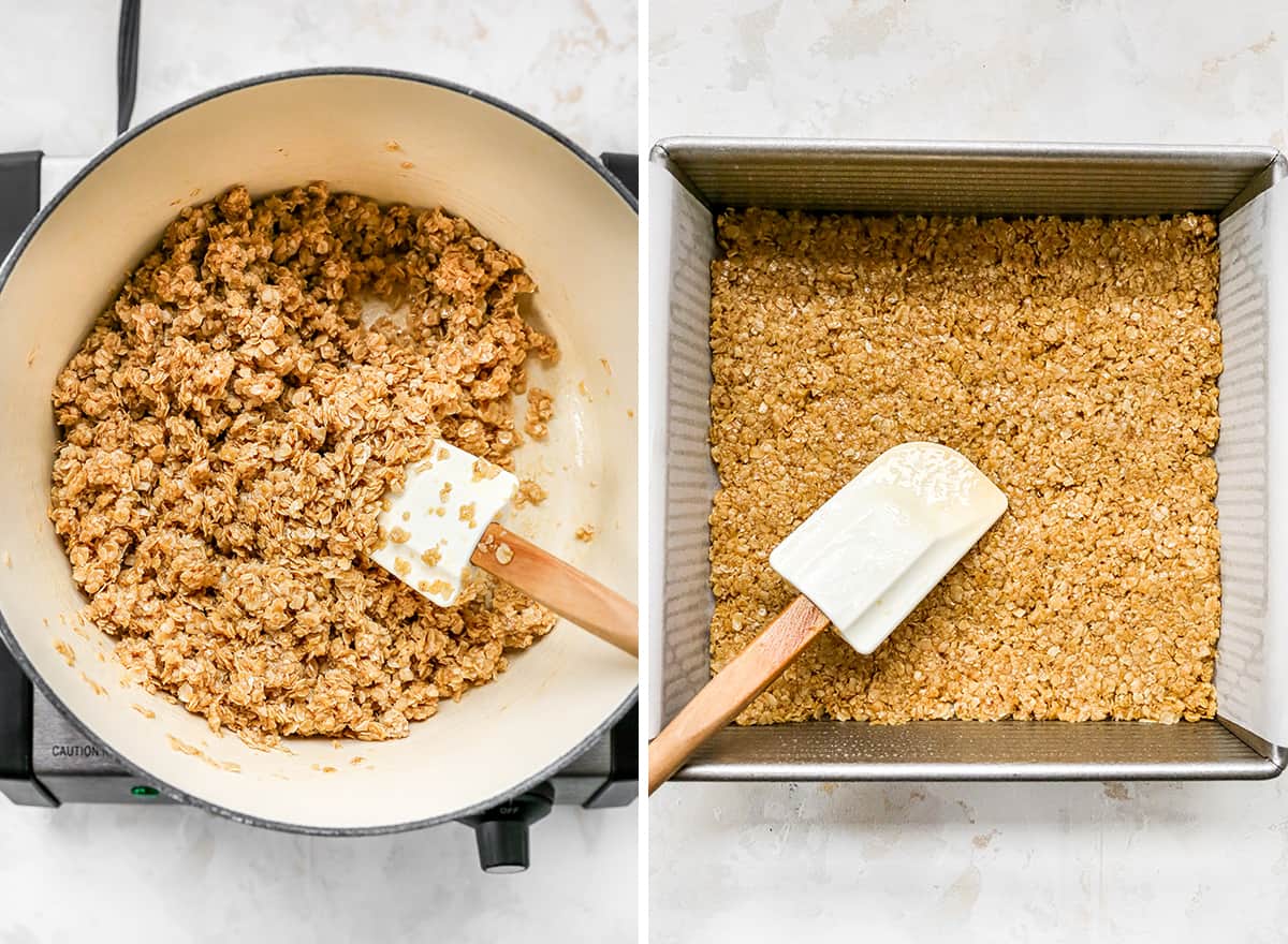two overhead photos showing how to make peanut butter oatmeal bars