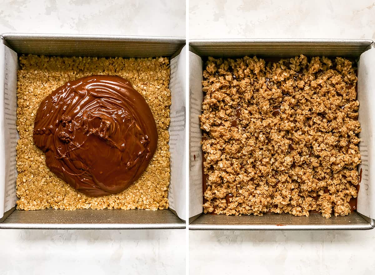 two overhead photos showing how to make No-Bake Chocolate Peanut Butter Oatmeal Bars