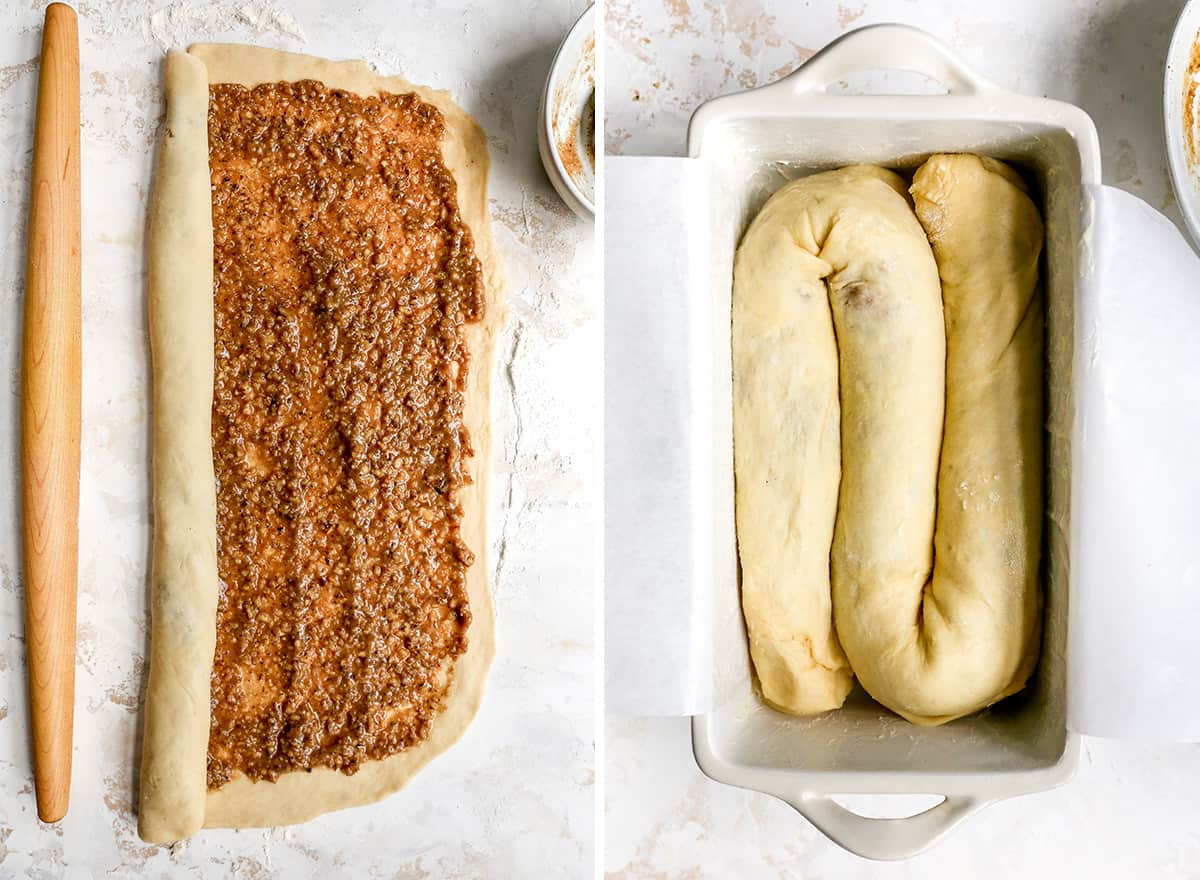 two overhead photos showing How to make Povitica Bread Recipe