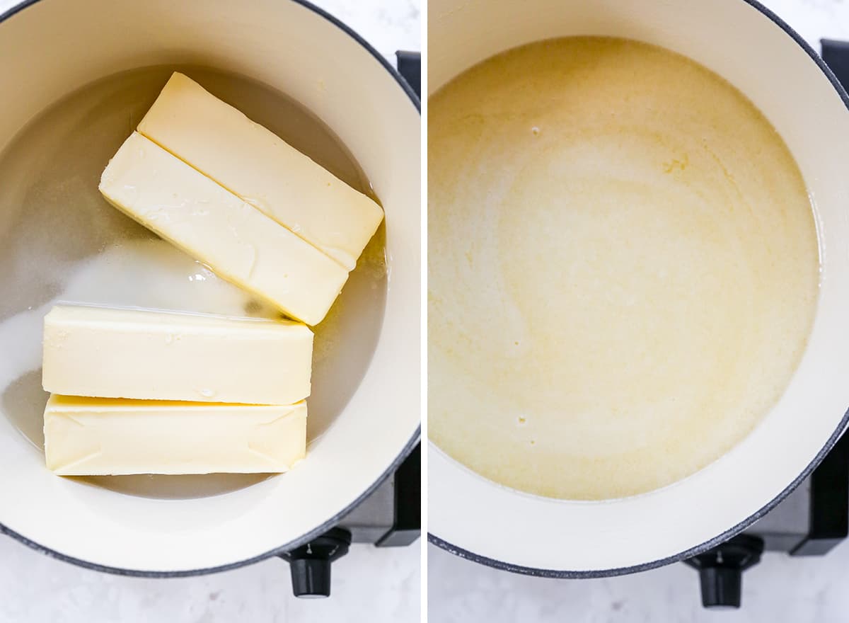 two overhead photos showing how to make toffee