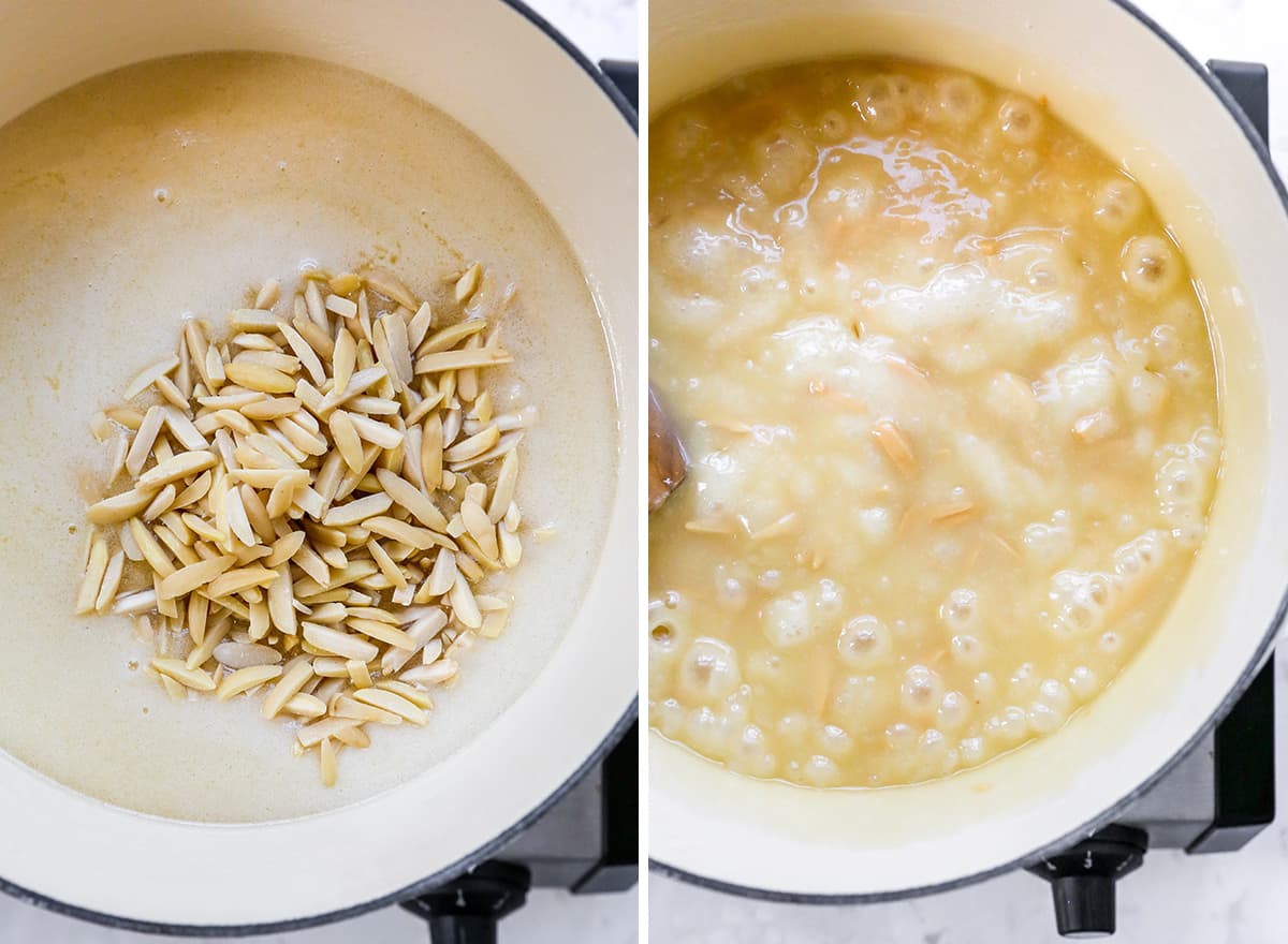 two overhead photos showing How to make Toffee