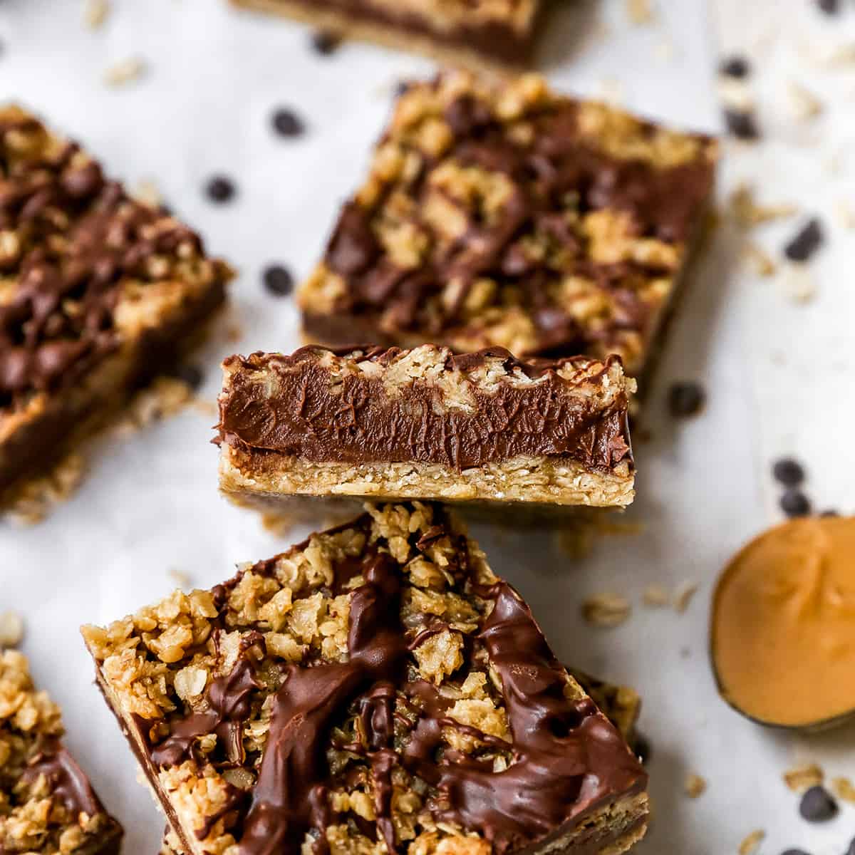 overhead view of 4 No-Bake Chocolate Peanut Butter Oatmeal Bars