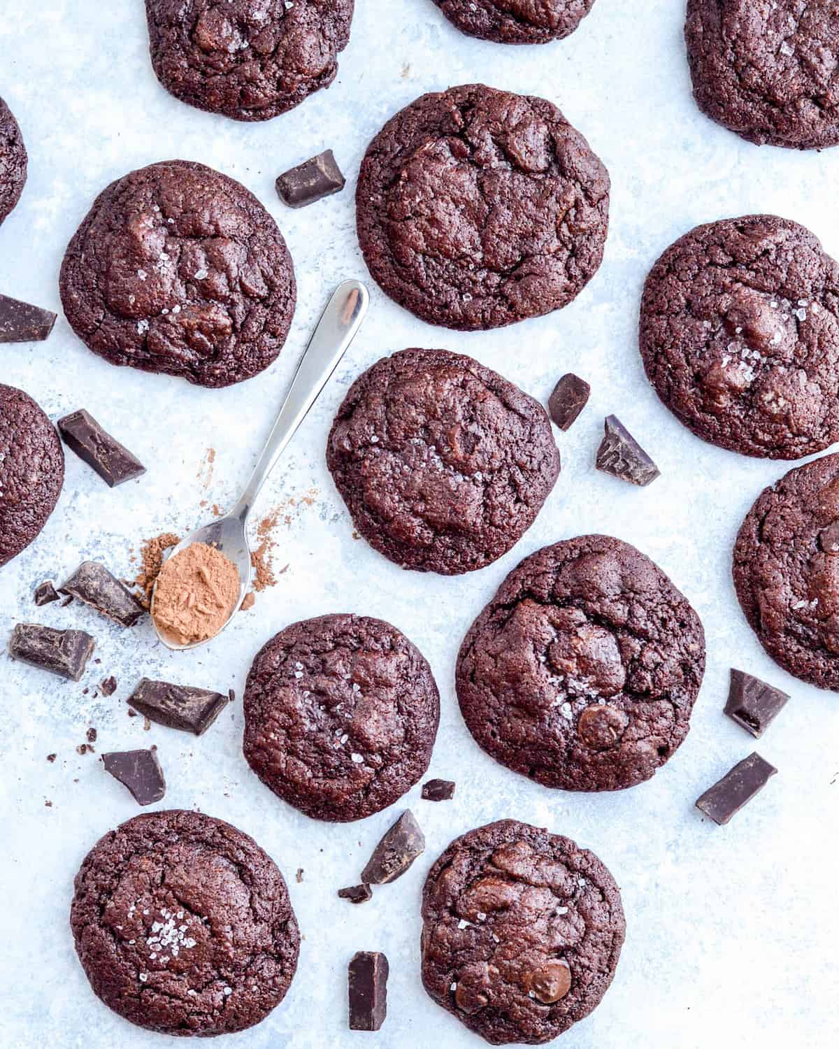 Overhead view of twelve Paleo Triple Chocolate Brownie Cookies