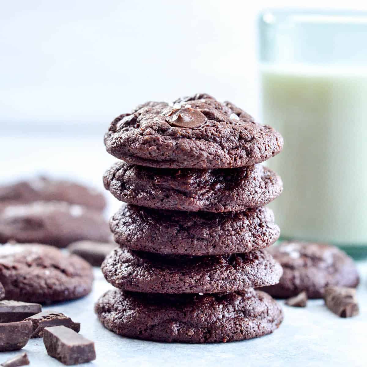 front view of a stack of five Paleo Triple Chocolate Brownie Cookies