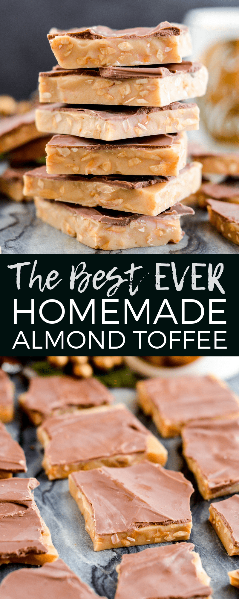 The Best Homemade Almond Toffee Recipe ever! Only 8 ingredients make this delicious holiday candy that is naturally gluten-free! Perfect to give as gifts to your neighbors and friends! #homemadetoffee #Christmas #candy #almondtoffee #toffee #christmascandy #glutenfree #grainfree