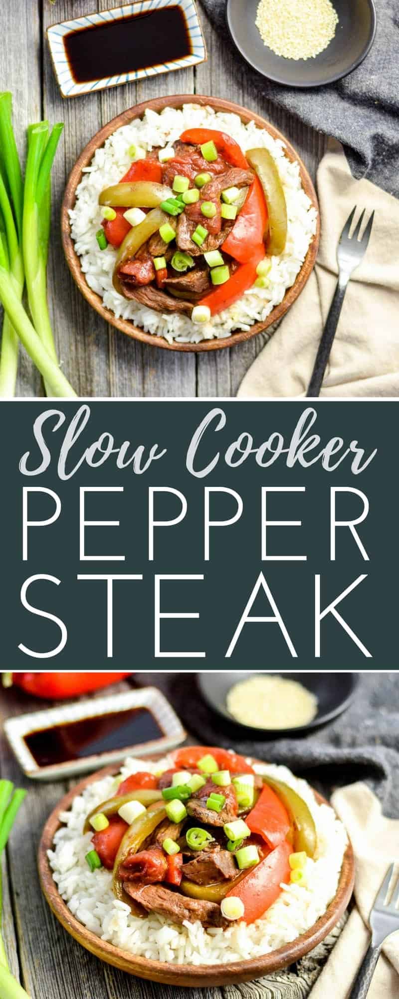 Slow Cooker Pepper Steak! An easy, healthy & delicious dinner recipe for busy days! Toss the ingredients in in the slow cooker and let it do the work for you! #glutenfree #grainfree #peppersteak #slowcooker #healthyrecipe #easydinner