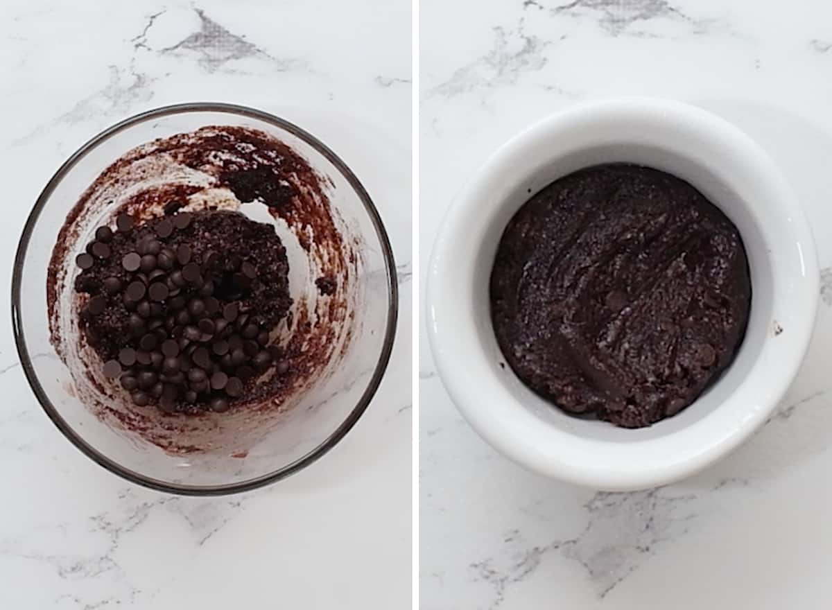 two photos showing how to make this Healthy Mug Brownie Recipe (Paleo & Vegan)
