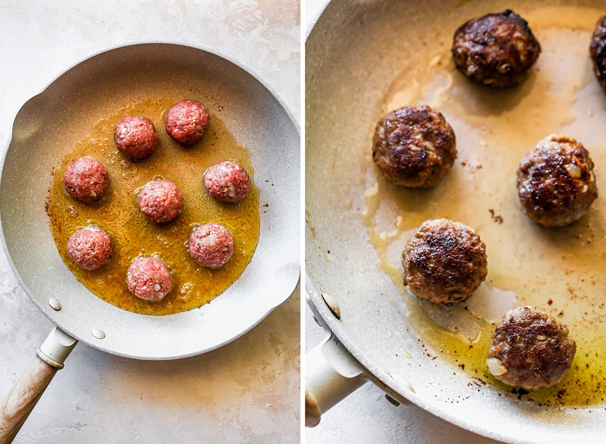 two photos showing how to make Paleo Sweet and Sour Meatballs in a skillet