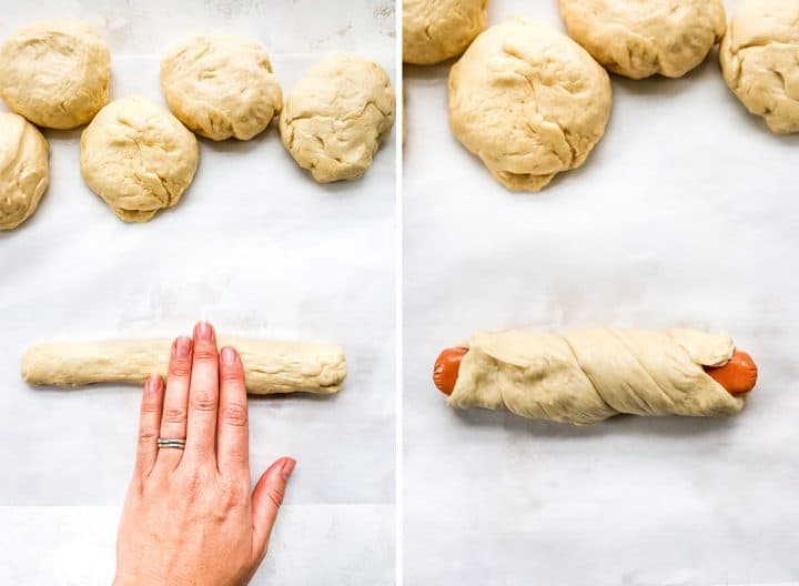 two overhead photos showing How to make Pretzel Dogs