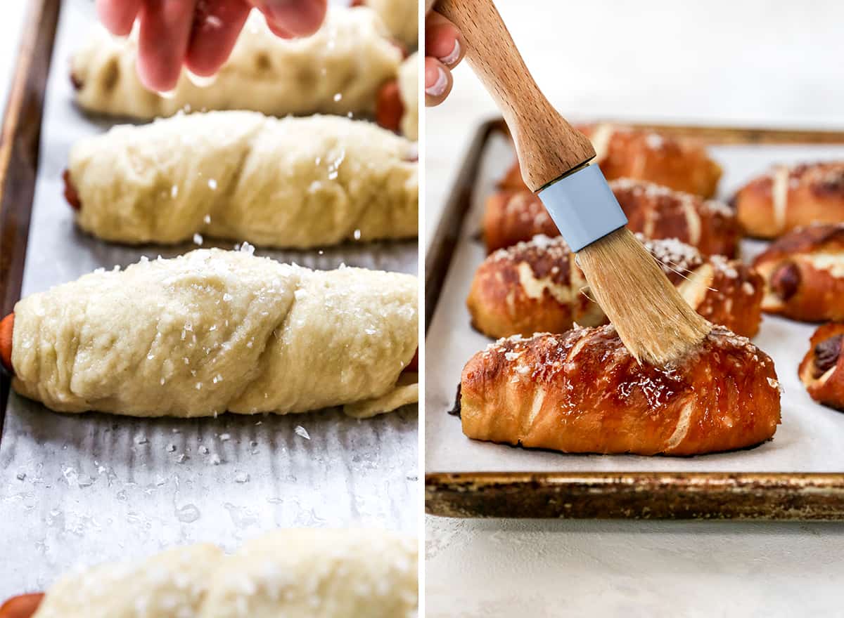 two photos showing How to make Pretzel Dogs