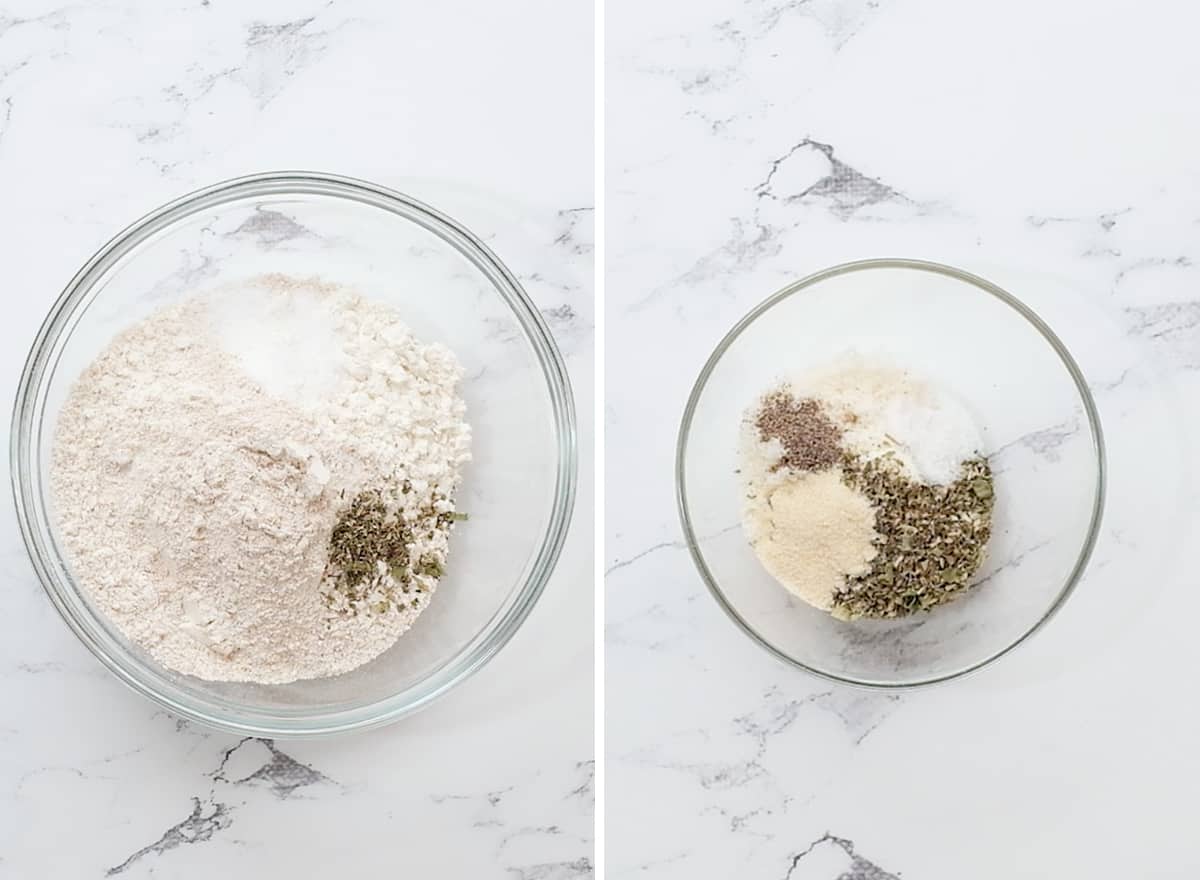two photos showing how to make Whole Wheat Focaccia Bread mixing dry ingredients 