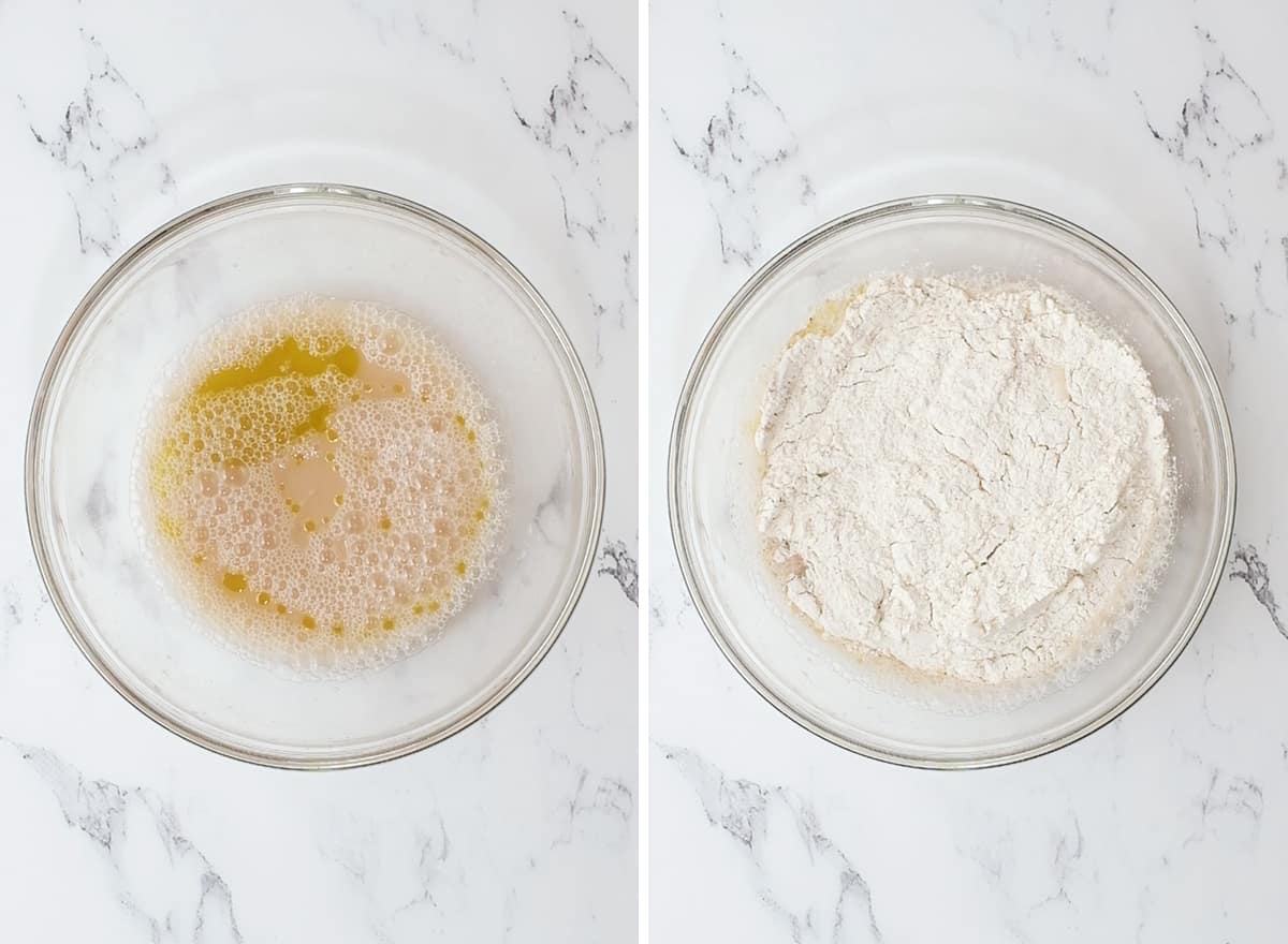 two photos showing how to make Whole Wheat Focaccia Bread proofing yeast and adding dry ingredients 