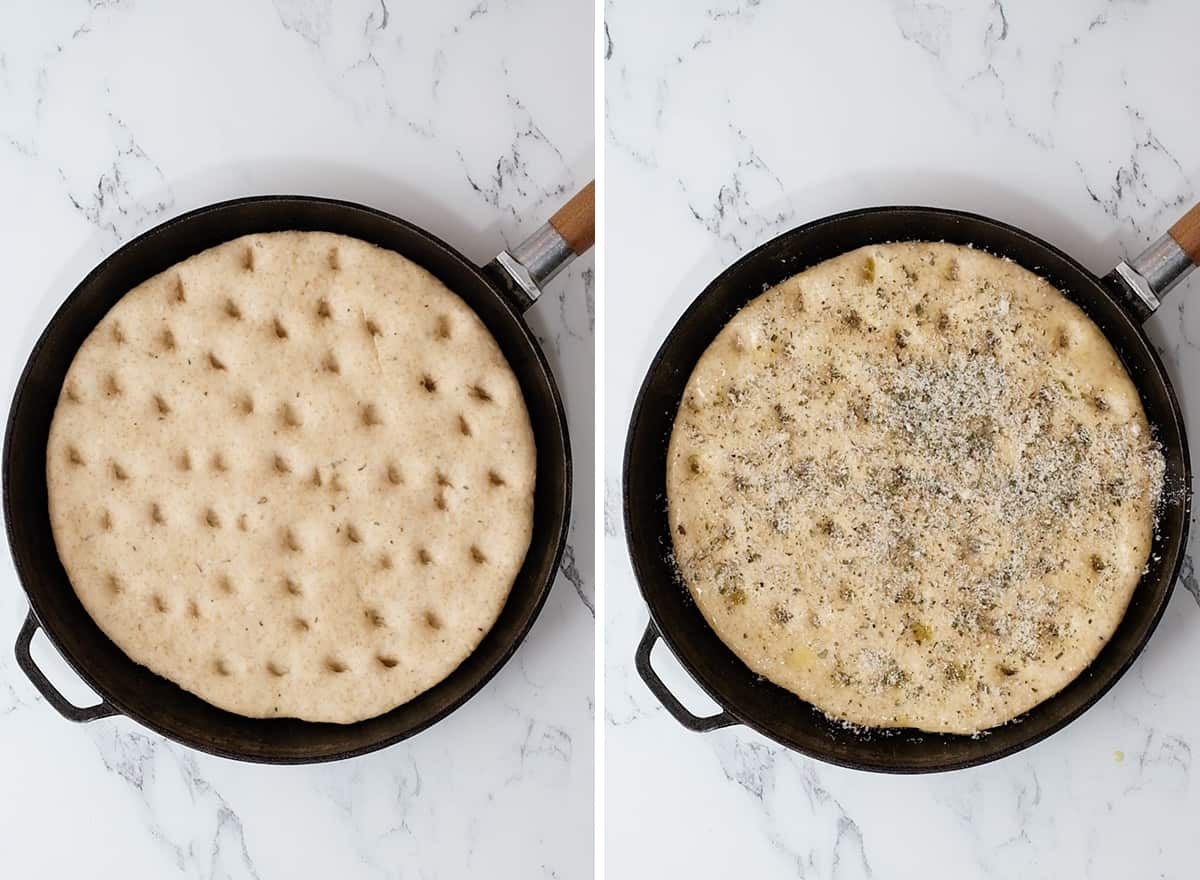 two photos showing how to make Whole Wheat Focaccia Bread after rising before baking