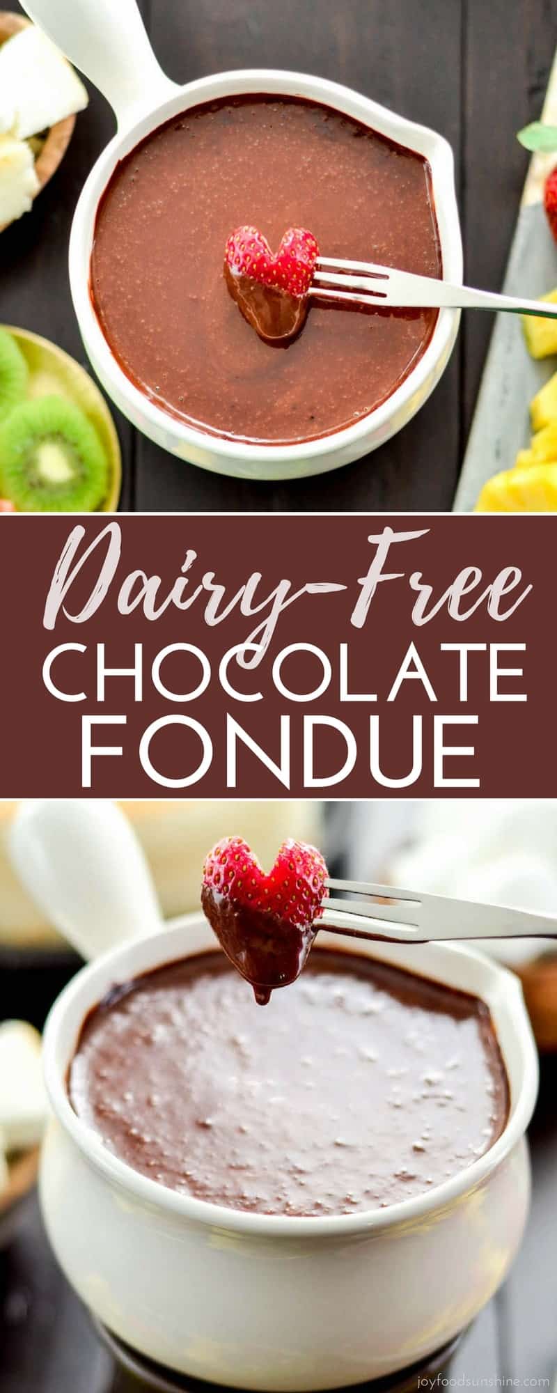5 minutes and 6 ingredients is all it takes to make this insanely delicious Vegan Chocolate Fondue recipe! #vegan #fondue #chocolate #dairyfree #dessert #vitamix #paleo #refinedsugarfree