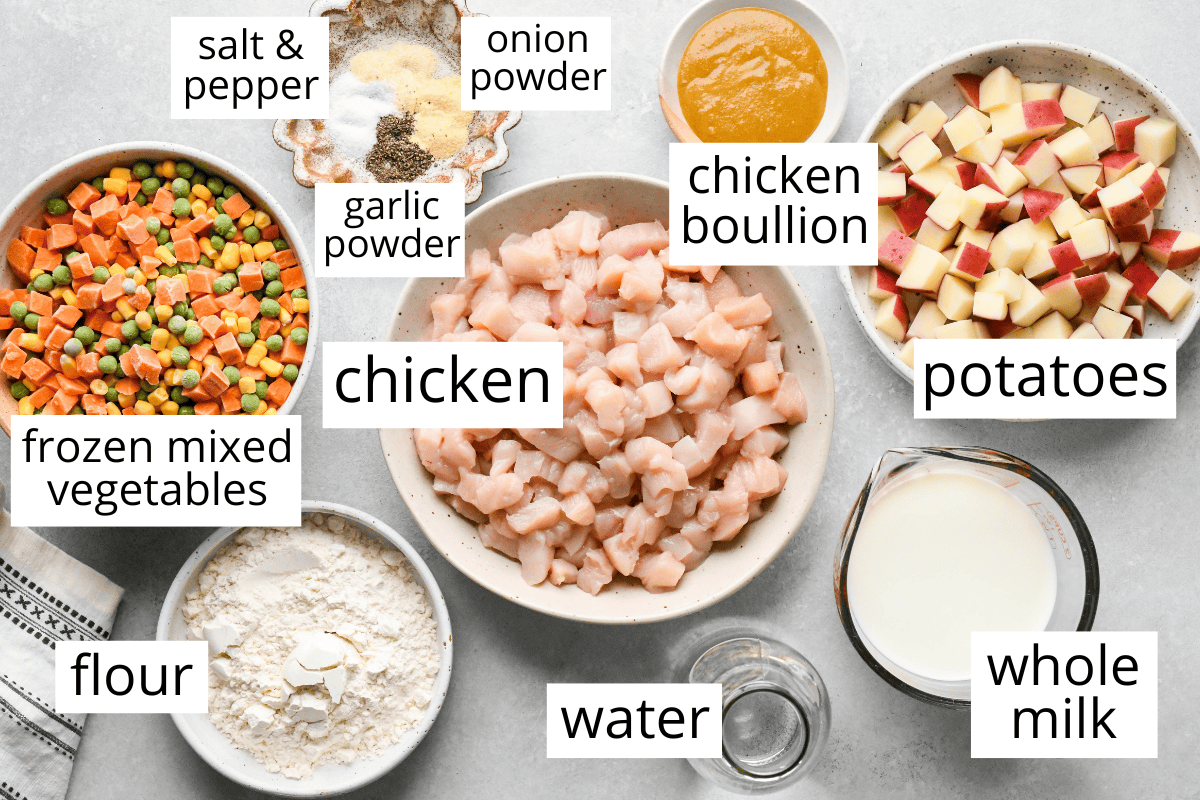 overhead photo of the labeled ingredients in this Chicken Pot Pie Soup recipe