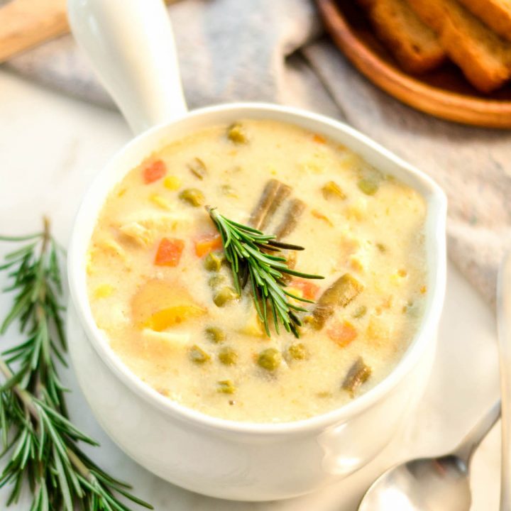 Overhead view of Slow Cooker Chicken Pot Pie Soup