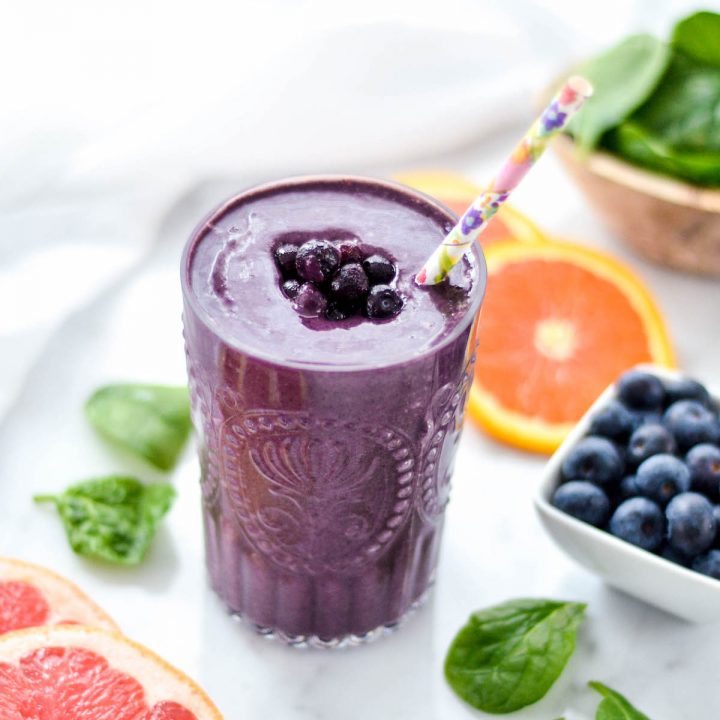 front view of a Blueberry Citrus Smoothie with Spinach