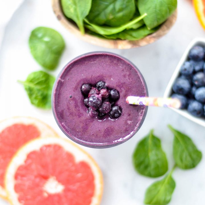 Overhead view of Blueberry Citrus Smoothie with Spinach