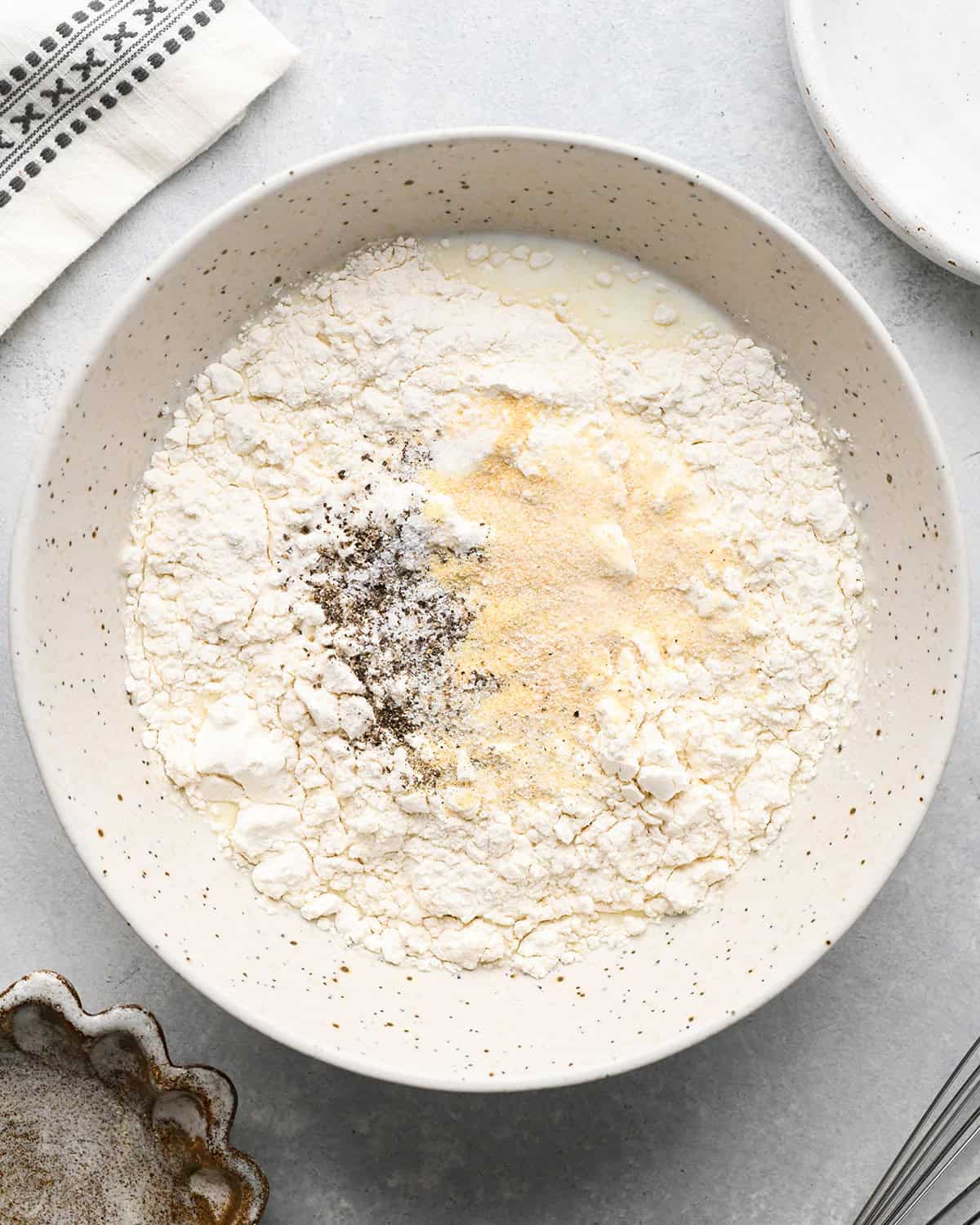 making Chicken Pot Pie Soup - milk and dry ingredients in a bowl before mixing